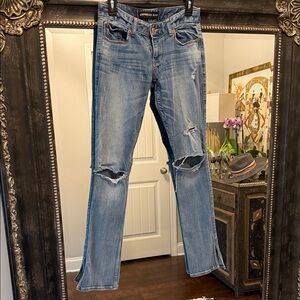 Express Light Blue Distressed Straight Leg Jeans